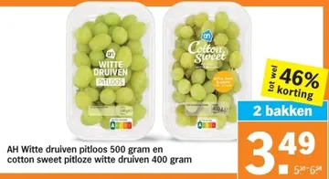 Aanbieding: Witte druiven pitloos 500 gram en cotton sweet pitloze witte druiven 400 gram