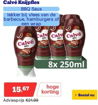 Aanbieding: Calvé Knijpfles - BBQ Saus - lekker bij vlees van de barbecue, hamburgers of een wrap - 8 x 250 ml