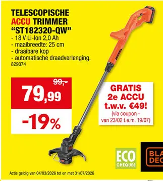 Promotie: Black+Decker ST182320-QW accu trimmer 18V Li-Ion 25cm