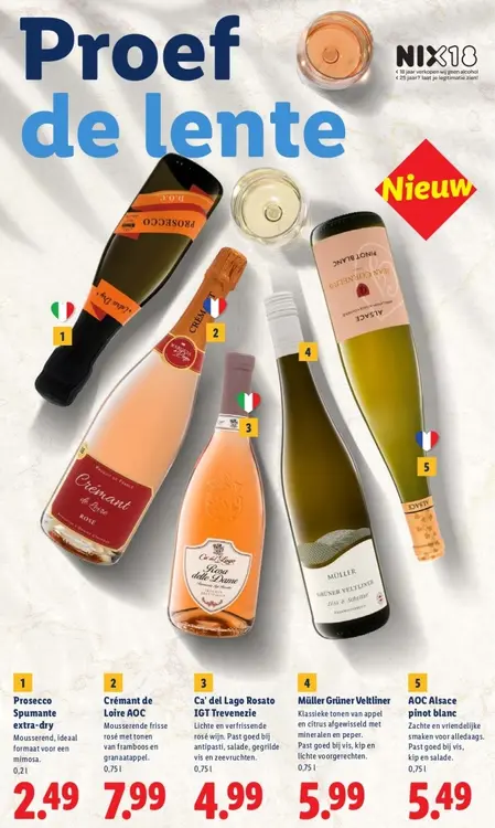 Aanbieding: Prosecco Spumante, Crémant de Loire, Ca' del Lago Rosato, Müller Grüner Veltliner of AOC Alsace pinot blanc