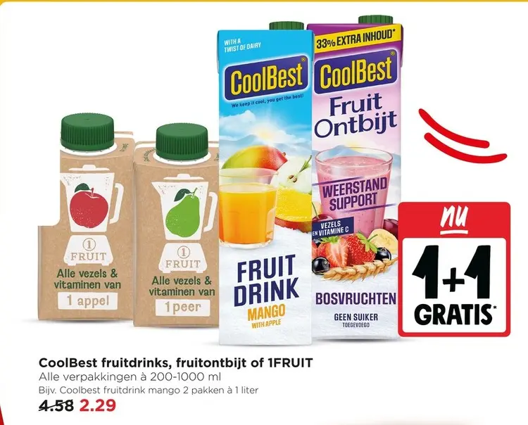 Aanbieding: CoolBest fruitdrinks, fruitontbijt of 1FRUIT