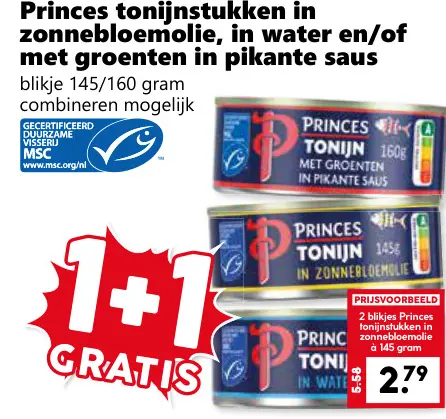 Aanbieding: Princes tonijnstukken in zonnebloemolie, in water en/of met groenten in pikante saus