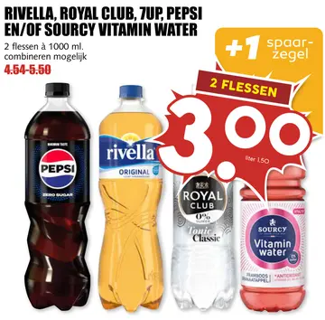 Aanbieding: RIVELLA, ROYAL CLUB, 7UP, PEPSI EN/OF SOURCY VITAMIN WATER