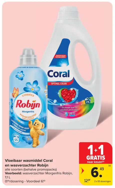 Promotie: Vloeibaar wasmiddel Coral en wasverzachter Robijn