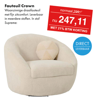 Aanbieding: Fauteuil Crown Waanzinnige draaifauteuil met fijn zitcomfort . Leverbaar in meerdere stoffen . In stof Supreme