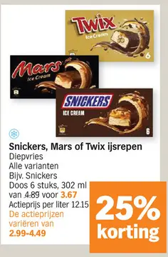 Aanbieding: Snickers, Mars of Twix ijsrepen