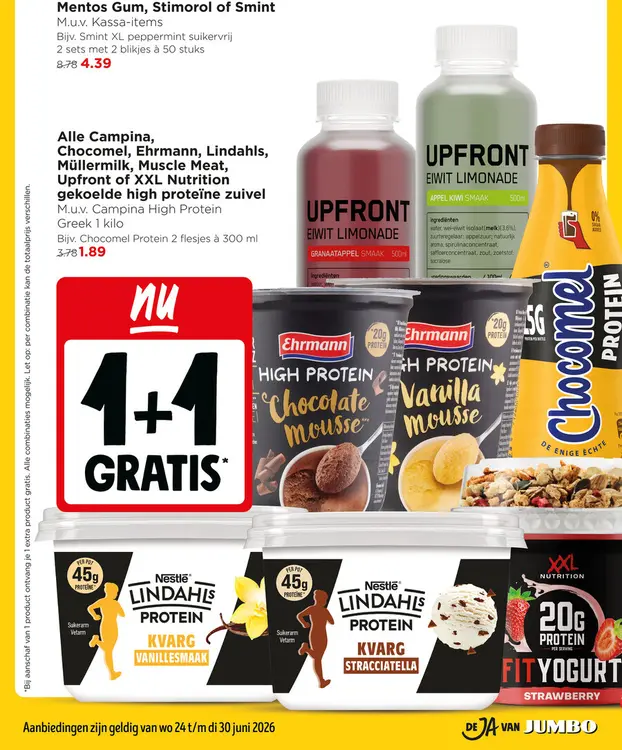 Aanbieding: Alle Campina, Chocomel, Ehrmann, Lindahls, Müllermilk, Muscle Meat, Upfront of XXL Nutrition gekoelde high proteïne zuivel