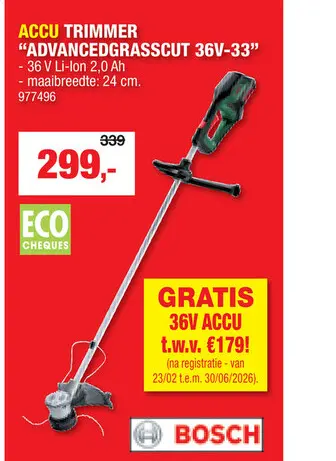 Promotie: Bosch AdvancedGrassCut 36V-33 accu trimmer 36V Li-Ion 33cm + lader