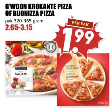 Aanbieding: G'woon krokante pizza of BUONIZZA pizza
