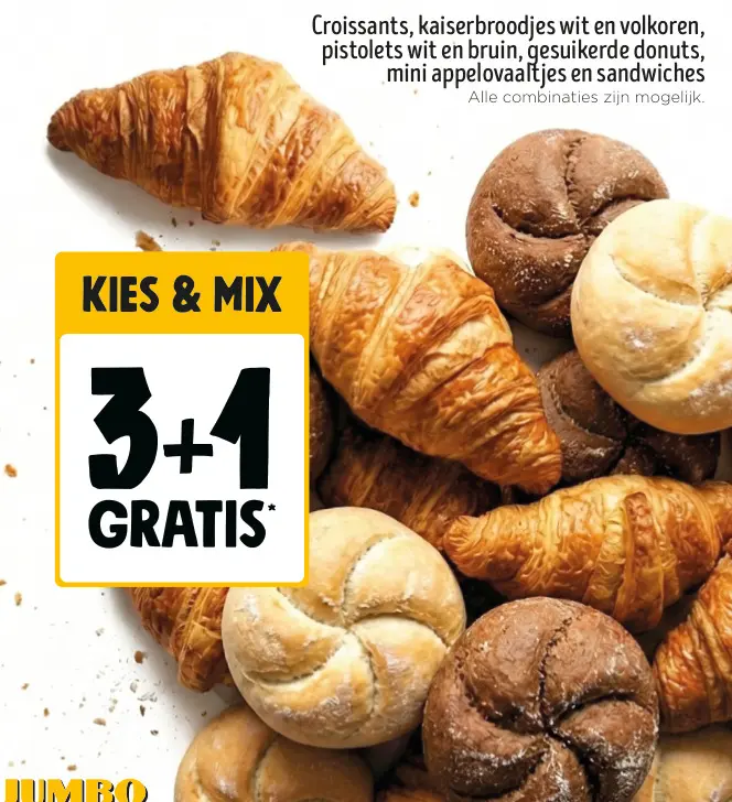 Promotie: Croissants, kaiserbroodjes wit en volkoren, pistolets wit en bruin, gesuikerde donuts, mini appelovaaltjes en sandwiches
