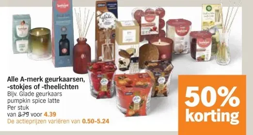 Aanbieding: A-merk geurkaarsen, -stokjes of -theelichten