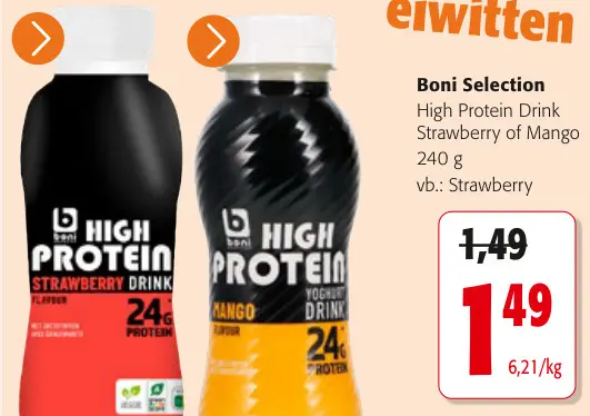 Promotie: High Protein Drink Strawberry of Mango
