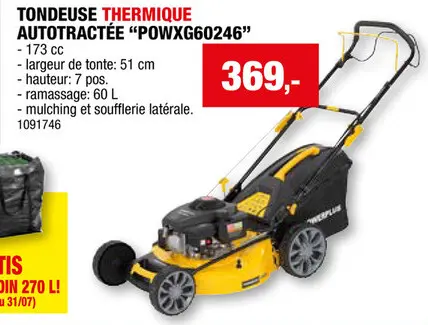 Offre: Powerplus POWXG60246 tondeuse thermique autotractée 173cc 51cm