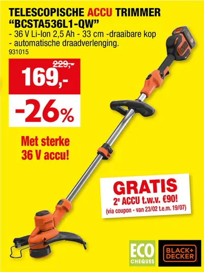 Promotie: Black+Decker BCSTA536L1-QW accu trimmer 36V Li-Ion 33cm