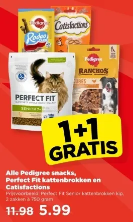 Aanbieding: Pedigree snacks, Perfect Fit kattenbrokken en Catisfactions