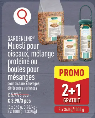 Offre: GARDENLINE® Muesli pour oiseaux, mélange protéiné ou boules pour mésanges