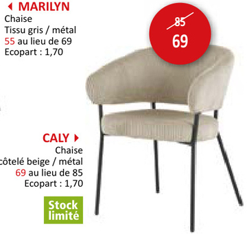 Offre: Chaise Caly 60x62x81cm velours beige