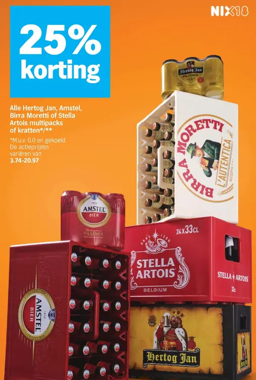 Aanbieding: Hertog Jan, Amstel, Birra Moretti of Stella Artois