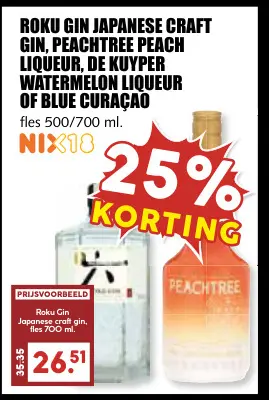 Aanbieding: Roku Japanese Craft Gin, Peachtree peach liqueur, De Kuyper watermelon liqueur of blue curacao
