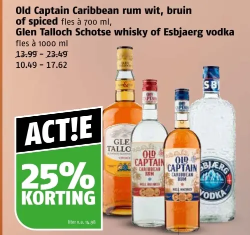 Aanbieding: Caribbean rum wit, bruin of spiced, Schotse whisky of Esbjaerg vodka