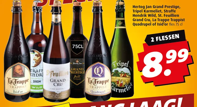 Aanbieding: Hertog Jan Grand Prestige, Tripel Karmeliet, Straffe Hendrik Wild, St. Feuillien Grand Cru, La trappe Trappist Quadrupel of Isid'or
