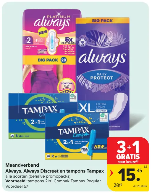 Promotie: Maandverband Always, Always Discreet en tampons Tampax