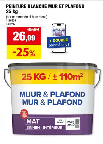 Offre: Hubo peinture mur et plafond 25kg blanc mat
