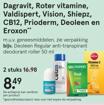 Aanbieding: Dagravit, Roter vitamine, Valdispert, Vision, Shiepz, CB12, Prioderm, Deoleen en Eroxon
