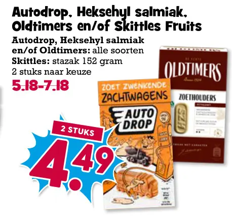 Aanbieding: Autodrop, Heksehyl salmiak, Oldtimers en/of Skittles Fruits
