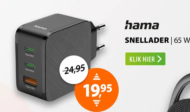 Aanbieding: Hama Snellader 2x USB-C PD 1x USB-A QC 65 W Zwart