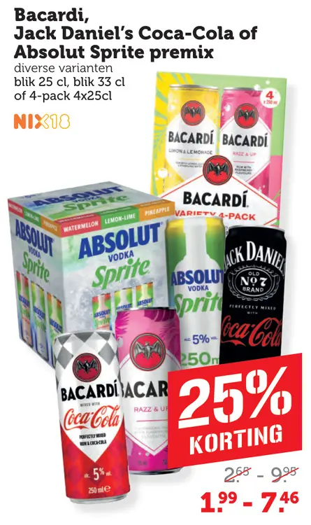 Aanbieding: Bacardi, Jack Daniel's Coca-Cola of Absolut Sprite premix