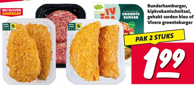 Aanbieding: Runderhamburger, kipkrokantschnitzel, gehakt cordon bleu of groenteburger