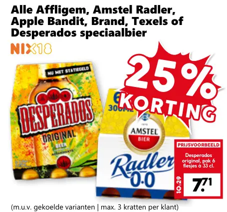 Aanbieding: Alle Affligem, Amstel Radler, Apple Bandit, Brand, Texels of Desperados speciaalbier