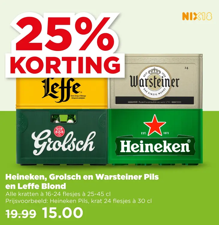Aanbieding: Heineken, Grolsch en Warsteiner Pils en Leffe Blond