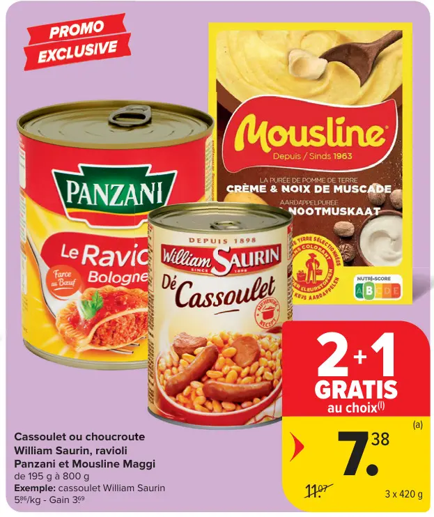 Offre: Cassoulet ou choucroute William Saurin, ravioli Panzani et Mousline