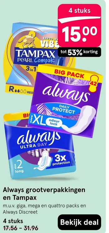 Aanbieding: Always grootverpakkingen en Tampax