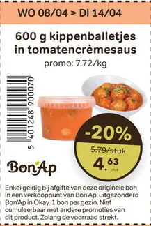 Promotie: Kippenballetjes in tomatencrèmesaus