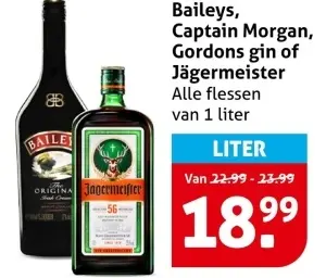 Aanbieding: Baileys, Captain Morgan, Gordons gin of Jägermeister