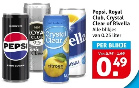 Aanbieding: Pepsi, Royal Club, Crystal Clear of Rivella