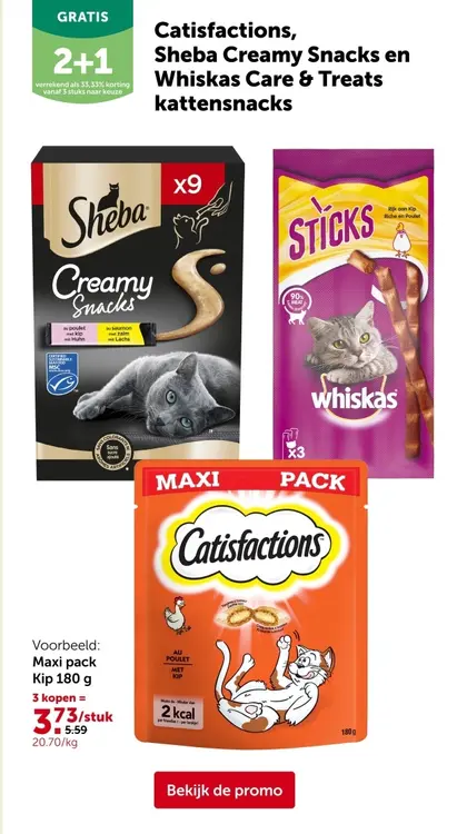 Promotie: Catisfactions, Sheba Creamy Snacks en Whiskas Care & Treats kattensnacks