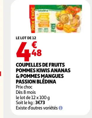 Promotie: Coupelles de fruits pommes kiwis ananas & pommes mangues passion
