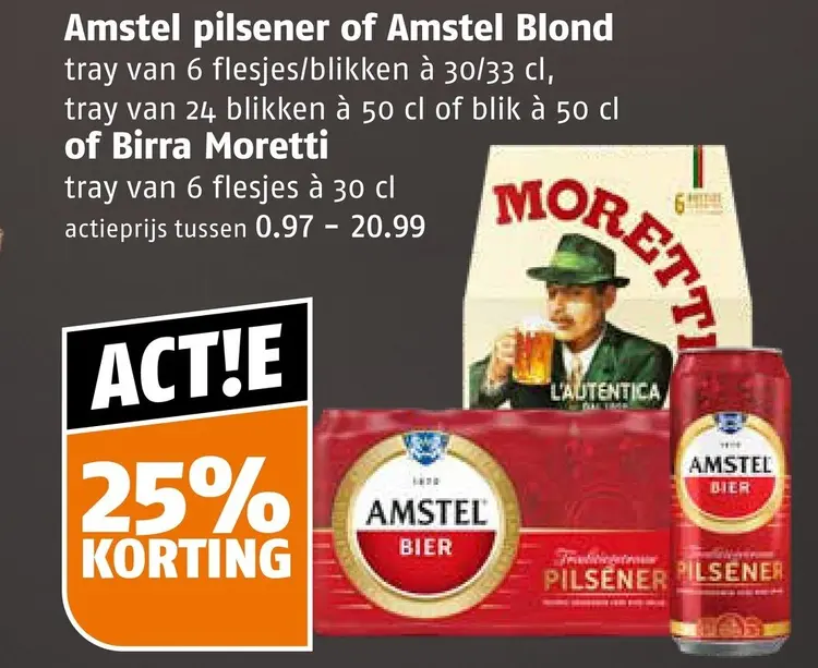 Aanbieding: Amstel pilsener or Amstel Blond or Birra Moretti