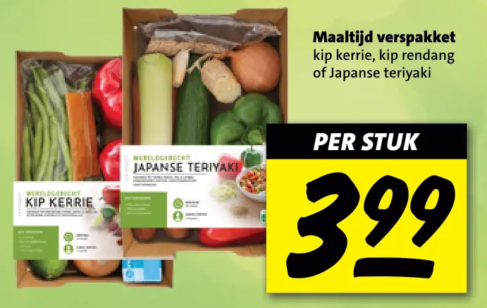 Aanbieding: Maaltijd verspakket kip kerrie, kip rendang of Japanse teriyaki