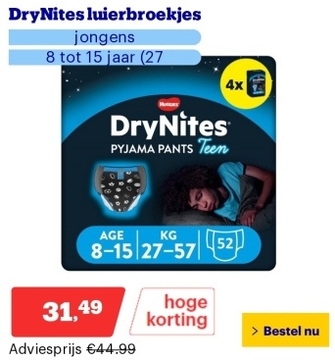 Aanbieding: DryNites luierbroekjes - jongens - 8 tot 15 jaar (27 - 57 kg) - 52 stuks - extra voordeel
