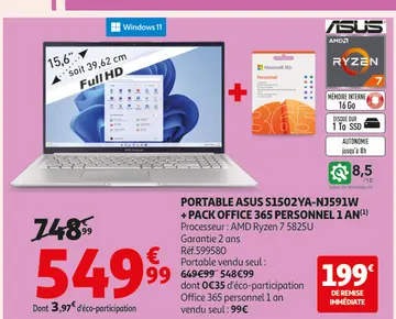 Aanbieding: Portable ASUS s1502ya-nj591w + pack office 36