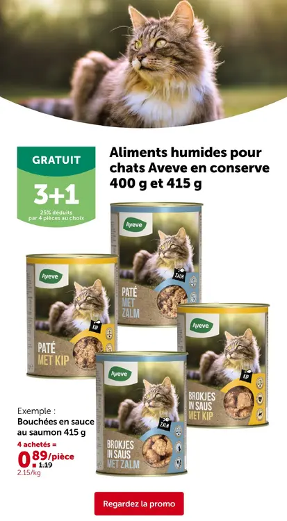Offre: Aliments humides pour chats Aveve en conserve 400 g et 415 g