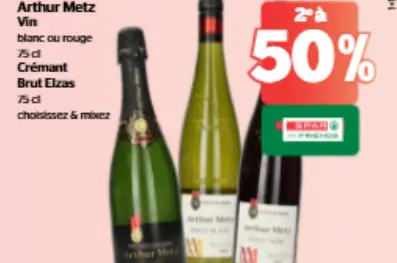 Offre: Arthur Metz Vin blanc ou rouge ou crémant Brut Elzas