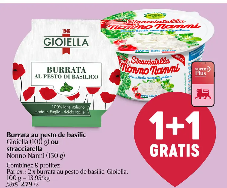 Offre: Burrata au pesto de basilic ou stracciatella