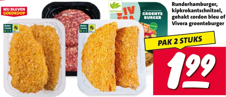 Aanbieding: Runderhamburger, kipkrokantschnitzel, gehakt cordon bleu of Vivera groenteburger