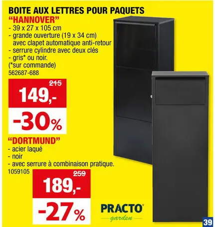 Offre: Practo Garden boàte aux lettres pour paquets Dortmund acier noir mat + serrure à  combinaison